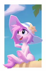 Size: 1889x2920 | Tagged: safe, artist:senaelik, imported from derpibooru, oc, oc only, pony, chest fluff, happy, hat, open mouth, open smile, smiling, solo, sun hat