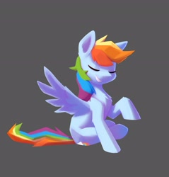 Size: 2554x2667 | Tagged: safe, artist:senaelik, imported from derpibooru, rainbow dash, pegasus, pony, chest fluff, eyes closed, female, gray background, grin, mare, raised hoof, simple background, sitting, smiling, solo, spread wings, wings
