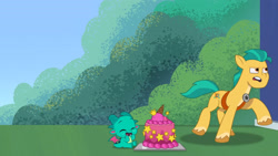 Size: 3072x1727 | Tagged: safe, imported from derpibooru, screencap, hitch trailblazer, dragon, earth pony, pony, spoiler:g5, spoiler:my little pony: tell your tale, spoiler:tyts01e34, baby, baby dragon, cake, duo, duo male, eyes closed, food, g5, high res, male, my little pony: tell your tale, open mouth, open smile, running, smiling, sneaksy strikes again, sparky sparkeroni, stallion, youtube link