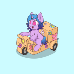 Size: 1668x1668 | Tagged: safe, artist:zeroonesunray, imported from derpibooru, izzy moonbow, pony, unicorn, blue background, cardboard, female, filly, foal, g5, no pupils, scooter, simple background, sitting, smiling, solo, ych example, your character here