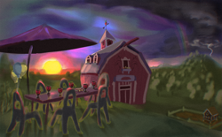 Size: 2423x1499 | Tagged: safe, artist:ciborgen, imported from derpibooru, balloon, barn, book, glass, implied pinkie pie, implied twilight sparkle, lightning, no pony, rainbow, scenery, sunset, sweet apple acres, thunderstorm