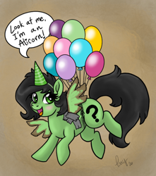 Size: 630x714 | Tagged: artist needed, safe, imported from derpibooru, oc, oc only, oc:filly anon, earth pony, pony, balloon, blushing, fake alicorn, fake horn, fake wings, female, filly, floating, open mouth, open smile, smiling, solo, speech bubble, then watch her balloons lift her up to the sky