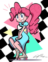 Size: 1000x1300 | Tagged: safe, artist:icy wind, imported from derpibooru, pinkie pie, human, coinky-dink world, eqg summertime shorts, equestria girls, looking at you, ponytail, roller skates, server pinkie pie, smiling, smiling at you, solo, waitress