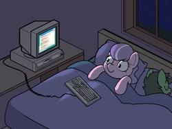 Size: 640x480 | Tagged: safe, artist:darkdoomer, imported from derpibooru, diamond tiara, oc, oc:filly anon, earth pony, pony, bed, computer, dark, desk, duo, female, filly, foal, ibm ps/2, keyboard, looking at something, monitor, night, sleeping, wide eyes, window