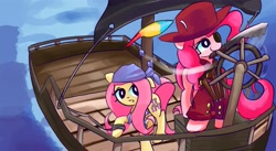 Size: 1821x1000 | Tagged: safe, artist:solid shrimp, imported from derpibooru, fluttershy, pinkie pie, earth pony, pegasus, pony, boat, clothes, coat, headband, pinktober, pirate, sailing, sword, water, weapon