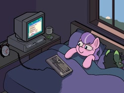 Size: 640x480 | Tagged: safe, artist:darkdoomer, imported from derpibooru, diamond tiara, oc, oc only, oc:filly anon, pony, alarm clock, clock, computer, cup, cute, duo, female, filly, floppy disk, ibm ps/2, keyboard, looking at something, monitor, morning, sleep deprivation, sleep tight