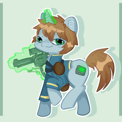 Size: 1280x1280 | Tagged: safe, artist:florka, imported from derpibooru, oc, oc only, oc:littlepip, pony, unicorn, fallout equestria, drawing, female, glowing, glowing horn, green eyes, gun, hooves, horn, looking at you, magic, mare, raised hoof, simple background, smiling, smiling at you, solo, telekinesis, weapon