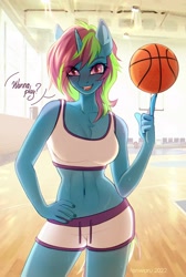 Size: 2480x3700 | Tagged: safe, artist:fenwaru, imported from derpibooru, oc, oc only, anthro, unicorn, basketball, clothes, female, gymnasium, hand on hip, not rainbow dash, shorts, solo, sports, sports bra, sports shorts