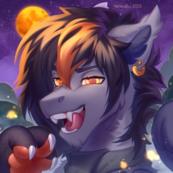 Size: 2000x2000 | Tagged: safe, artist:fenwaru, imported from derpibooru, oc, oc only, pony, bust, claws, clothes, colored pupils, ear piercing, earring, fangs, jewelry, moon, piercing, scarf, solo