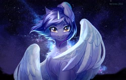 Size: 3600x2300 | Tagged: safe, artist:fenwaru, imported from derpibooru, oc, oc only, oc:asteria, alicorn, pony, alicorn oc, horn, night, solo, stars, wings