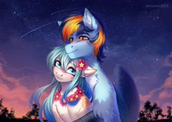 Size: 3507x2480 | Tagged: safe, artist:fenwaru, imported from derpibooru, oc, oc only, oc:seascape, oc:skysail, earth pony, hippogriff, pony, duo, flower, flower in hair, lei, shooting star, twilight (astronomy)