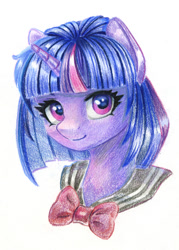 Size: 716x1000 | Tagged: safe, artist:maytee, imported from derpibooru, twilight sparkle, pony, alternate hairstyle, bust, clothes, colored pencil drawing, portrait, short hair, simple background, solo, traditional art, white background