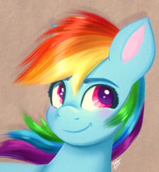 Size: 948x1024 | Tagged: safe, artist:galaxy swirl, imported from derpibooru, rainbow dash, pegasus, pony, blushing, bust, colored pinnae, colored pupils, female, looking away, mare, signature, smiling, solo