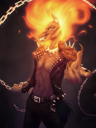 Size: 1500x2000 | Tagged: safe, artist:dementra369, imported from derpibooru, oc, oc only, oc:ruby drop, anthro, chains, claws, clothes, collar, fire, ghost rider, grin, looking at you, mane of fire, rule 63, smiling, solo, spiked collar