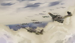 Size: 1310x754 | Tagged: safe, artist:adagiostring, artist:markerlight, imported from derpibooru, deer, equestria at war mod, air battle, aircraft, aircraft formation, barasingha'n air force, bomber, bombing raid, cloud, collaboration, community related, dogfight, emblem, fighter plane, fog, insignia, interception, no pony, sky, sunlight, war
