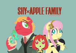 Size: 2740x1920 | Tagged: safe, alternate version, anonymous artist, imported from derpibooru, big macintosh, fluttershy, oc, oc:late riser, earth pony, pegasus, pony, series:fm holidays, alternate hairstyle, anime, anya forger, baby, baby pony, clothes, colt, cosplay, costume, crossdressing, crossplay, dress, family, female, fluttermac, foal, green background, katakana, knitting needles, lineless, loid forger, male, mare, necktie, no pupils, offspring, parent:big macintosh, parent:fluttershy, parents:fluttermac, school uniform, shipping, simple background, spy x family, stallion, straight, suit, tape, text, watergun, yor forger, yorshy