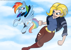 Size: 2200x1544 | Tagged: safe, artist:saturdaymorningproj, imported from derpibooru, rainbow dash, kryptonian, pegasus, pony, cloud, crossover, dc comics, dc superhero girls, female, flying, kara zor-el, supergirl