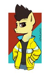 Size: 815x1226 | Tagged: safe, artist:d3f4ult_4rt1st, imported from derpibooru, oc, earth pony, pony, abstract background, clothes, colored sketch, cyberpunk, cyberpunk 2077, jacket, male, ponified, simple background, solo