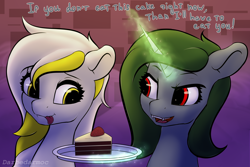 Size: 3072x2048 | Tagged: safe, artist:darbedarmoc, imported from derpibooru, oc, oc only, oc:gold.de, oc:minerva, pegasus, pony, unicorn, birthday, birthday cake, cake, dialogue, duo, duo female, eyes on the prize, fangs, female, food, glowing, glowing horn, golden eyes, horn, looking at each other, looking at someone, magic, red eyes, smiling, telekinesis, tongue out, two toned mane