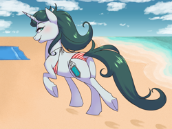 Size: 1600x1200 | Tagged: safe, artist:floots, imported from derpibooru, oc, oc:aquaria lance, pony, unicorn, beach, beach babe, beach towel, bikini, butt, clothes, female, mare, ocean, plot, solo, swimsuit, tail, tail hole, water