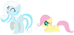 Size: 792x376 | Tagged: safe, artist:janethepegasus, artist:selenaede, imported from derpibooru, fluttershy, oc, oc:snowdrop, pegasus, 2017, age swap, alternate universe, base used, duo, duo female, eyes closed, female, filly, filly fluttershy, mare, older snowdrop, pegasus oc, role reversal, simple background, white background, younger
