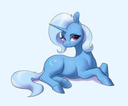 Size: 3320x2750 | Tagged: safe, artist:aquaticvibes, imported from derpibooru, trixie, pony, unicorn, blue background, female, looking at you, mare, simple background, solo, underhoof