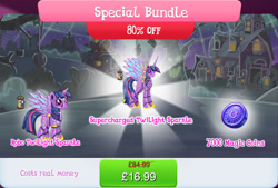 Size: 1270x860 | Tagged: safe, imported from derpibooru, twilight sparkle, alicorn, pony, robot, robot pony, antennae, bundle, camera, costs real money, duality, english, female, gameloft, gem, height difference, horn, magic coins, mare, numbers, official, roboticization, sale, solo, solo focus, spread wings, text, tree, twibot, twilight sparkle (alicorn), wings