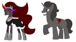 Size: 1040x584 | Tagged: safe, artist:janethepegasus, artist:selenaede, imported from derpibooru, king sombra, oc, oc:astelle, alicorn, unicorn, 2017, alicornified, alternate universe, base used, cape, clothes, colored horn, colored wings, crown, curved horn, duo, duo male and female, fangs, female, hoof shoes, horn, jewelry, male, mare, race swap, regalia, role reversal, simple background, sombra eyes, sombra horn, sombracorn, stallion, white background, wings