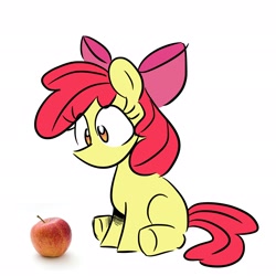 Size: 2048x2048 | Tagged: safe, artist:balychen, imported from derpibooru, apple bloom, earth pony, pony, apple, female, filly, foal, food, simple background, sitting, solo, white background