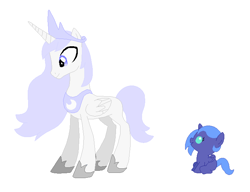 Size: 720x552 | Tagged: safe, artist:janethepegasus, artist:selenaede, imported from derpibooru, princess luna, oc, oc:artemis, alicorn, 2017, age swap, alicorn oc, alternate universe, baby luna, base used, crown, duo, duo male and female, female, filly, filly luna, hoof shoes, horn, jewelry, male, male alicorn, mare, necklace, regalia, role reversal, s1 luna, simple background, stallion, white background, wings, younger