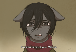 Size: 3000x2048 | Tagged: safe, artist:littmosa, imported from derpibooru, pony, anime, attack on titan, clothes, crying, female, floppy ears, mikasa ackerman, ponified, redraw, sad, scarf, solo, subtitles