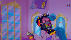 Size: 3072x1727 | Tagged: safe, imported from derpibooru, screencap, izzy moonbow, pony, unicorn, spoiler:g5, spoiler:my little pony: tell your tale, spoiler:tyts01e34, clothes, female, g5, gas mask, goggles, high res, hoodie, mare, mask, my little pony: tell your tale, sneaksy, sneaksy strikes again, solo, youtube link