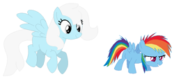 Size: 800x366 | Tagged: safe, artist:janethepegasus, artist:selenaede, imported from derpibooru, rainbow dash, oc, oc:cumulus, pegasus, 2017, alternate universe, base used, duo, duo female, female, filly, filly rainbow dash, mare, pegasus oc, role reversal, simple background, white background, younger