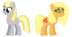 Size: 744x387 | Tagged: safe, artist:janethepegasus, artist:selenaede, imported from derpibooru, applejack, oc, oc:ruby (story of the blanks), earth pony, ghost, ghost pony, story of the blanks, 2017, alternate universe, base used, duo, duo female, female, green eyes, mare, missing cutie mark, role reversal, simple background, white background