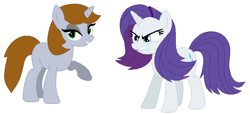 Size: 856x392 | Tagged: safe, artist:janethepegasus, artist:selenaede, imported from derpibooru, rarity, oc, oc:littlepip, pony, unicorn, fallout equestria, 2017, alternate universe, base used, duo, duo female, female, horn, mare, missing cutie mark, role reversal, simple background, unicorn oc, white background