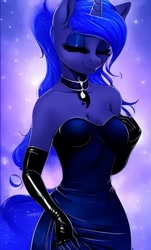 Size: 463x768 | Tagged: safe, imported from derpibooru, princess luna, alicorn, anthro, adorasexy, ai content, ai generated, breasts, busty princess luna, cleavage, clothes, cute, detailed, dress, eyes closed, female, generator:purplesmart.ai, generator:stable diffusion, sexy, solo