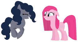 Size: 776x418 | Tagged: safe, artist:janethepegasus, artist:selenaede, imported from derpibooru, pinkie pie, oc, oc:minkie pie, earth pony, 2017, alternate cutie mark, alternate universe, base used, duo, duo female, earth pony oc, female, mare, missing cutie mark, pinkamena diane pie, role reversal, siblings, simple background, sisters, white background