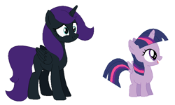 Size: 712x426 | Tagged: safe, artist:janethepegasus, artist:selenaede, imported from derpibooru, twilight sparkle, oc, oc:nyx, alicorn, 2017, age swap, alicorn oc, alternate universe, base used, female, filly, filly twilight sparkle, horn, mare, missing cutie mark, older nyx, role reversal, simple background, twilight sparkle (alicorn), white background, wings, younger