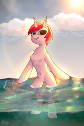 Size: 4000x6000 | Tagged: safe, artist:kainy, imported from derpibooru, oc, oc:linaxero, semi-anthro, unicorn, absurd file size, absurd resolution, cloud, smiling, sun, water