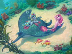 Size: 4000x3000 | Tagged: safe, artist:gor1ck, imported from derpibooru, pinkie pie, oc, oc:siriusnavigator, oc:siriusnavigator(alicorn), alicorn, crab, fish, pony, seapony (g4), commission, diving, duo, flippers (gear), manta ray, ocean, scuba gear, seaweed, swimming, underwater, water, ych result