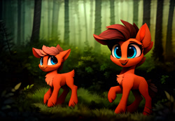 Size: 1664x1152 | Tagged: safe, imported from derpibooru, prompter:darbarri, deer, deer pony, original species, ai content, ai generated, chest fluff, cute, detailed background, duo, forest, generator:stable diffusion, smiling, wallpaper