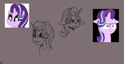 Size: 1152x600 | Tagged: safe, artist:rookiecookie, imported from derpibooru, starlight glimmer, pony, unicorn, :i, doodle, face, female, floppy ears, i mean i see, practice, simple background, sketch, solo