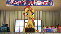 Size: 3840x2160 | Tagged: safe, artist:egr1n, imported from derpibooru, sunset shimmer, pony, unicorn, 3d, 4k, banner, birthday, black forest cake, cake, candle, chair, cup, cupcake, cute, day, female, fire, food, grin, hat, high res, horn, looking at you, party hat, pie, shimmerbetes, smiling, smiling at you, smirk, solo, source filmmaker, sun, table, teacup, wallpaper, window