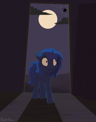 Size: 882x1117 | Tagged: safe, artist:binkyroom, imported from derpibooru, oc, spider, unicorn, abandoned house, commission, dark, moon, old house, scared, shadow, solo, spider web, spooky, wooden floor, ych result
