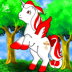 Size: 768x768 | Tagged: safe, artist:mazakbar567, imported from derpibooru, oc, oc only, oc:indonisty, alicorn, g1, indonesia, indonesian, looking up, nation ponies, solo, tree