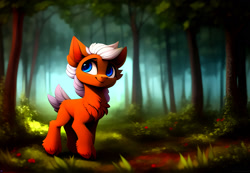 Size: 1664x1152 | Tagged: safe, imported from derpibooru, prompter:darbarri, deer, deer pony, original species, ai content, ai generated, chest fluff, cute, detailed background, female, fluffy, forest, generator:stable diffusion, mare, smiling, solo, wallpaper