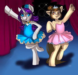 Size: 801x768 | Tagged: safe, artist:php154, artist:trojan-pony, imported from derpibooru, rarity, oc, oc:louvely, earth pony, unicorn, alternate hairstyle, ballerina, ballet, bipedal, clothes, dancing, female, flower, flower in hair, hair bun, jewelry, pas de deux, raririna, sapphire eye rarity, stage, tiara, tutu, tutus