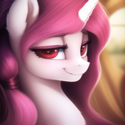 Size: 640x640 | Tagged: safe, editor:crimson prose, imported from derpibooru, oc, oc only, oc:crimson prose, pony, unicorn, ai content, ai generated, bust, chest fluff, ear fluff, evil grin, generator:novelai, generator:stable diffusion, grin, pink hair, red eyes, smiling, white body