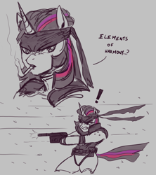 Size: 2202x2480 | Tagged: safe, artist:nire, imported from derpibooru, twilight sparkle, anthro, unicorn, arm hooves, bandana, cigarette, exclamation point, gun, handgun, metal gear, metal gear solid, pistol, sketch, solid snake, solid sparkle, weapon