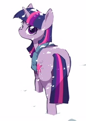 Size: 2894x4093 | Tagged: safe, artist:potetecyu_to, imported from derpibooru, twilight sparkle, pony, unicorn, bag, butt, female, looking at you, looking back, looking back at you, mare, plot, saddle bag, satchel, simple background, snow, solo, twibutt, unicorn twilight, white background